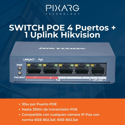 Imagen 2 de 7 de Switch Poe Larga Distancia Hikvision 4 Puertos 100mb + 1 Up