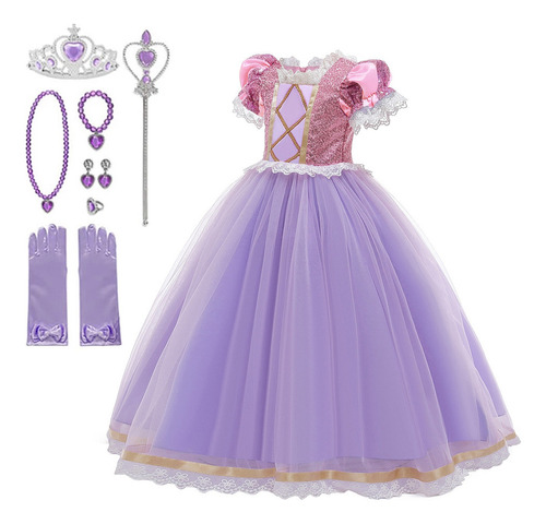 Disfraz De Princesa Rapunzel For Niña #9pcs, Vestido Enreda