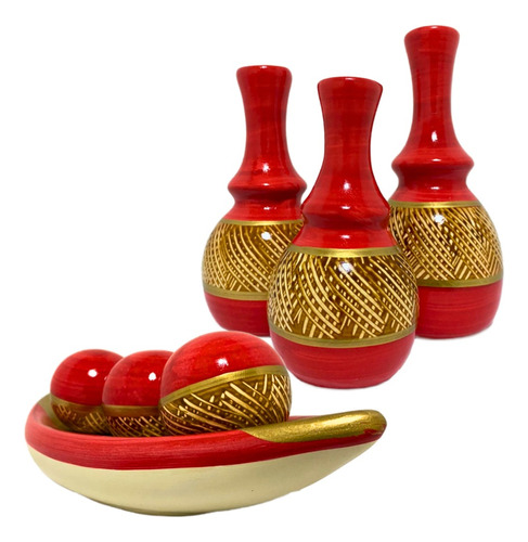 Jogo Ceramica Decorativo Centro Mesa Sala Enfeite Conjunto Cor Cristal Vermelho Dourado