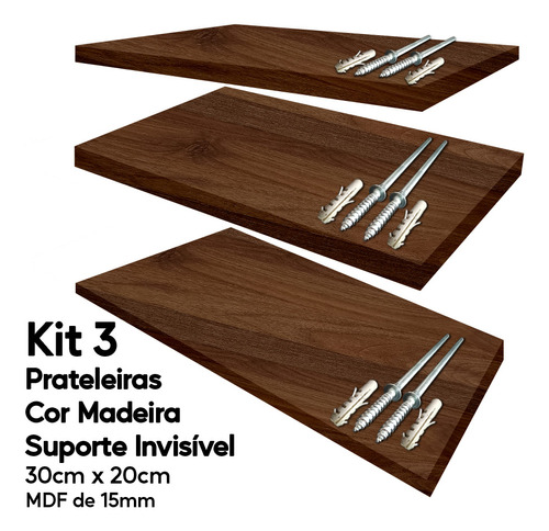 Kit 3 Prateleiras Cor Madeira Mdf 30x20 Suporte Invisível