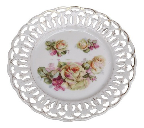 Antiguo Plato Decorativo Calado Porcelana Flores Bellísimo 