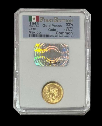 Moneda De Dos Pesos Y Medio Oro 2.5 Año 1945 L .900 Hidalgo