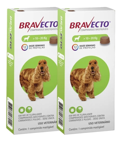 Bravecto Combo 2 Unid 500mg Comprimido Cães De 10 A 20 K