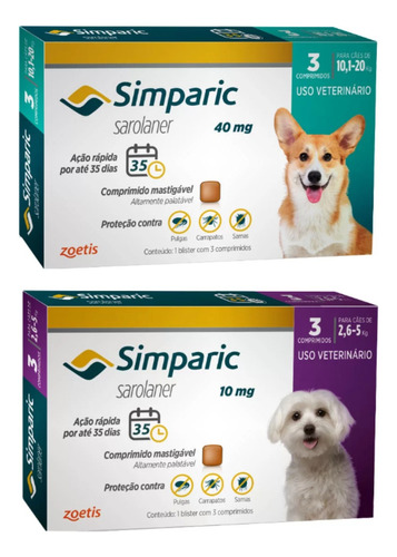 1 Simparic 40mg 10-20kg + 1 Simparic 10mg 2,6-5kg 3 Comp