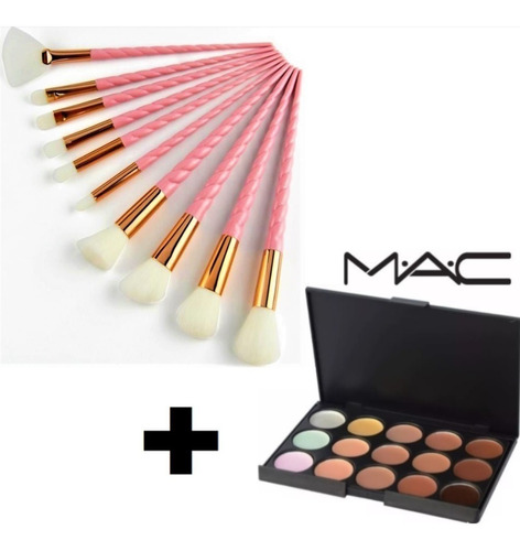 Set 10 Brochas Unicornio + Paleta 15 Correctores Mac