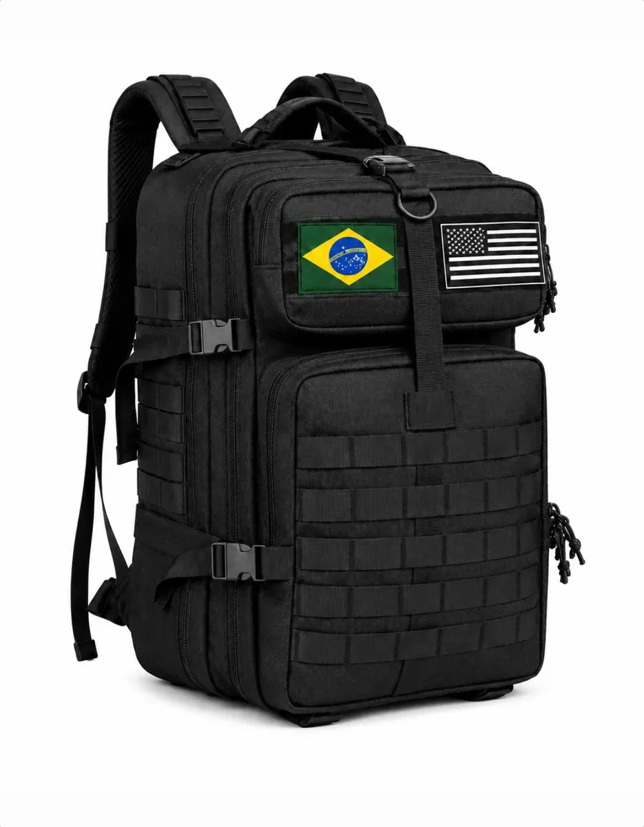 Mochila Tática 50l Masculina Militar Impermeável Reforçada Grande Para Viagem Camping Caça Pesca Com 2 Patch Bandeira Brasil Eua Cor Preta Forpak