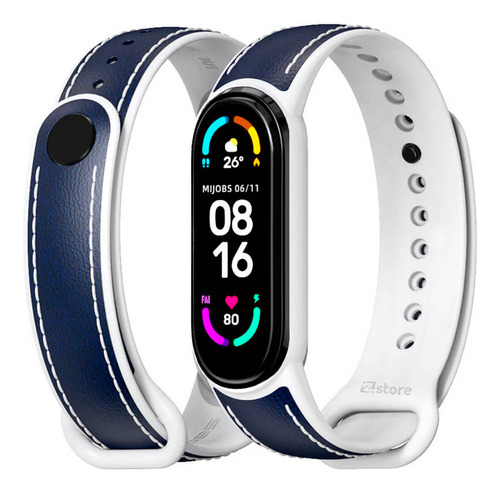 Correa De Cuero Xiaomi Mi Band 5 Y 6 Azul M/blanco