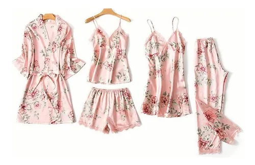 // Conjunto De Falda Sexy De Pijama De Seda For Mujer 5 Pz