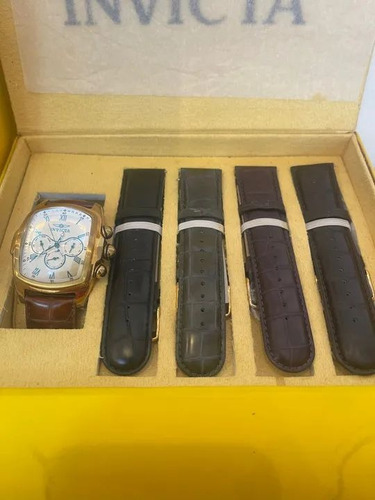 Relógio Masculino Invicta Lupah /aço Com Pulseira De Couro Marrom-claro Dourado-escuro Branco (Usado)
