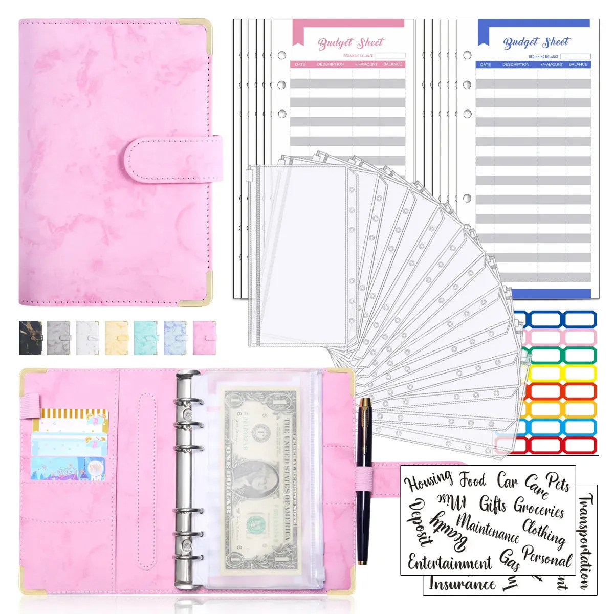 Bolsa De Carpeta Con Cremallera Carpeta A6 Organigasto 12 bolsas Con Cremallera 12 tarjetas De Presupuesto 6 color,2 pegatinas En Inglés Tipo A,24 etiquetas Color Rosa claro Color 