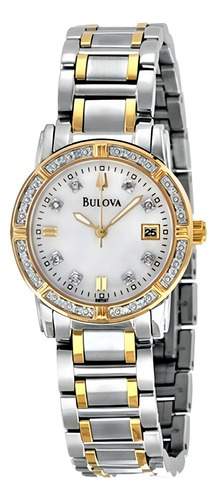Relógio Bulova 98r107 Visor Bco Perola, Diamantes E Cristais Cor da correia Prata e Dourado Banho Ouro Cor do bisel Dourado Banhado a Ouro com Cristais Cor do fundo Branco Perolizado