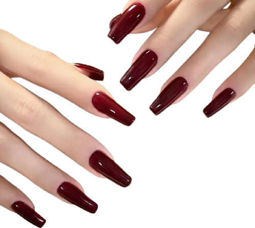 24 Pz Uñas Postizas Lisa Color Vino Bailarina Corta Press On Vino Lisa