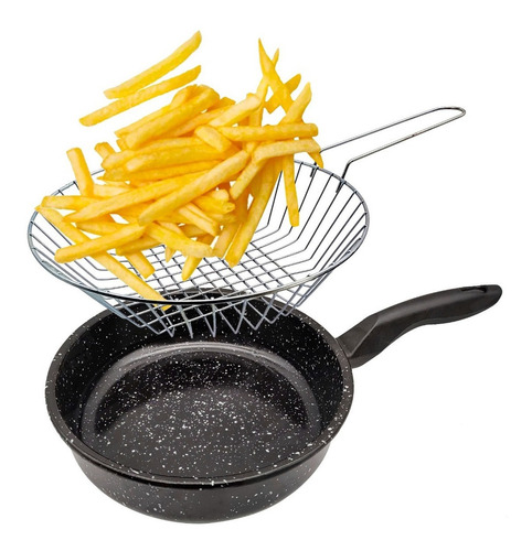 Frigideira Aço Indução Esmaltada Com Cesto P/ Fritura 26cm Cor Preto