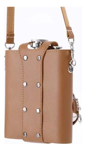 Licorera Acero Inoxidable 18 Oz Forro Cuero Marrón 2 Vasos