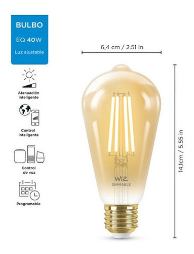 Imagen 8 de 9 de Foco Led Inteligente Wifi Wiz Filamento Edison 6.9w X3 Uds