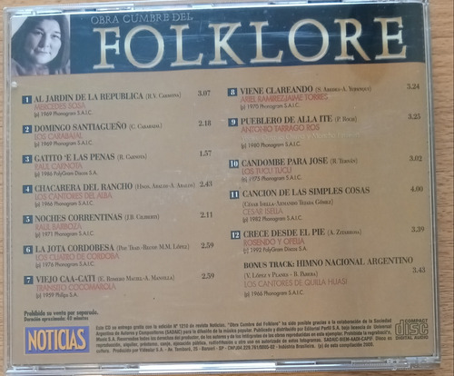 Folklore : Mercedes Sosa : Revista Noticias N1 - Cd (Usado)