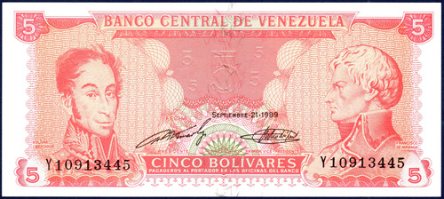 Billete 5 Bolívares Y8 Septiembre 21 1989 Bolívar Y Miranda