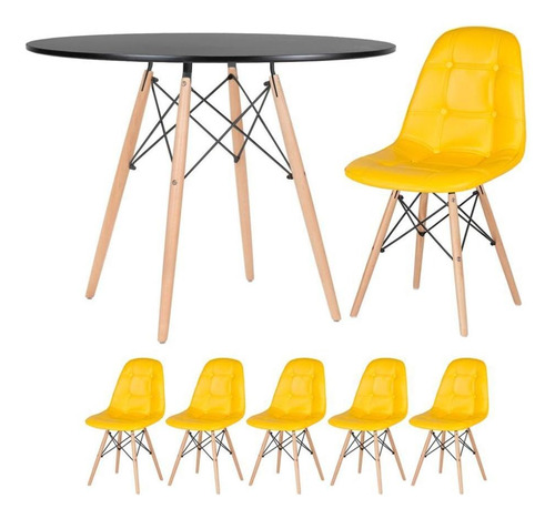 Mesa Jantar Eames Wood 100 Cm + 5 Cadeiras Estofadas Botonê Cor Mesa Preto Com Cadeiras Amarelo