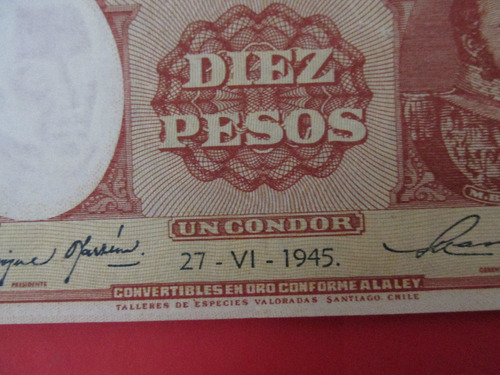 Billete Chile 10 Pesos Firmado Oyarzun-maschke 1945 Unc (Usado)