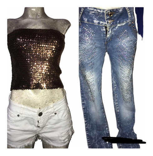 Dúo Crop Top Lentejuelas Strapless + Jeans Brillos Detalle