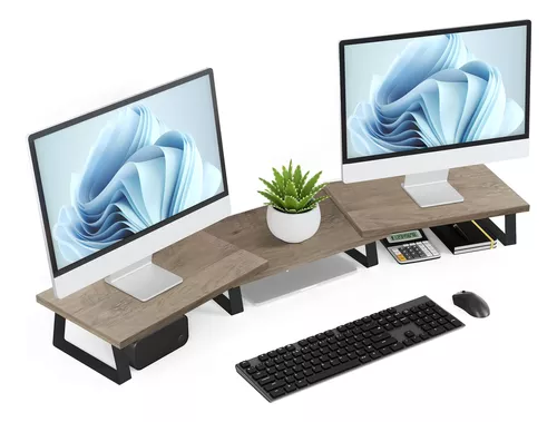 Soporte elevador de madera para monitor doble, soporte de monitor para 2  monitores, soporte de computadora grande para escritorio con patas de  metal