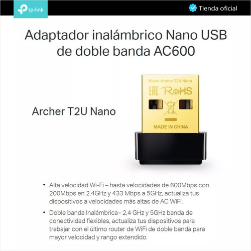 Imagen 2 de 8 de Tp-link, Adaptador Usb Wifi Banda Dual Ac600 Archer T2u Nano