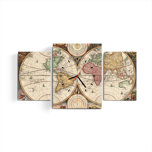 Cuadros Reloj Triptico Moderno Mapamundi Antiguo Mapa Paises
