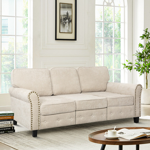 Sofa De Tres Plazas Tapizado De Terciopelo Color Beige