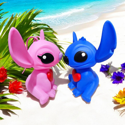 Kit Luminária De Mesa Casal Stitch E Angel Coração Abajur
