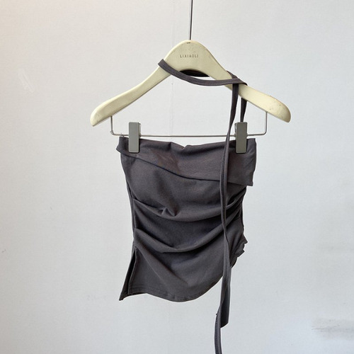 Camiseta Sin Mangas Para Mujer Con Cuello Halter, Negro, Gri