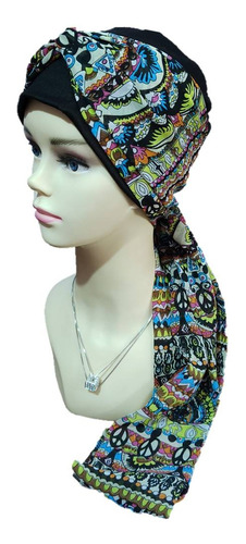 Turbante Gorro Dama Elegante Con Mascada Oncólogico Quimio Color Negro Estampado 2