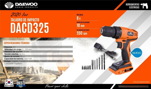 Imagen 7 de 10 de Taladro Atornillador Inalambrico Daewoo Kit Set Herramientas
