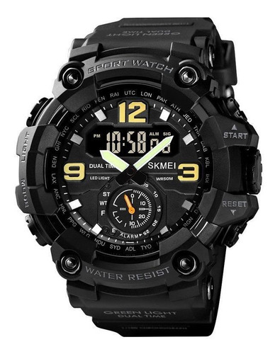 Imagen 1 de 1 de Reloj de pulsera Skmei 1637 de cuerpo color negro, analógico-digital, para hombre, fondo negro, con correa de poliuretano color negro, agujas color verde y negro y blanco, dial amarillo y blanco, subesferas color negro, minutero/segundero blanco, bisel color negro, luz verde y hebilla doble