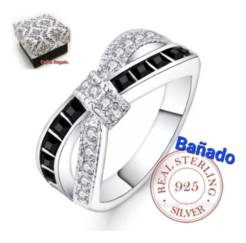 Anillo Mujer Negro Plata De Ley 925+ Caja Tallas 6/7/8.