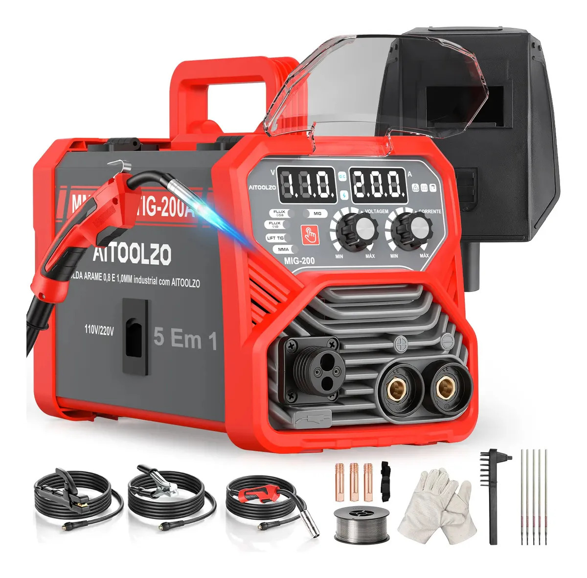 Máquina De Solda Inversora Aitoolzo Mig/mag/tig/mma Bivolt Vermelho