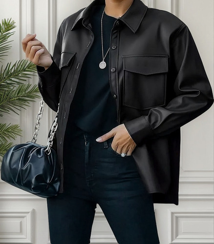 Camisa Casual De Chaqueta De Cuero Para Mujer Con Botones