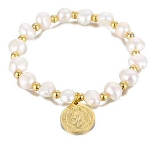 Pulsera San Benito Perlas Joyeria Oro 18k Acero Inox Mujer