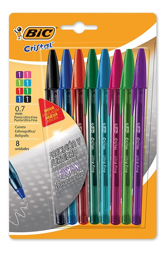 Boligrafo Bic Cristal Precision Ultra Fina 0,7mm.x 8 Surtido