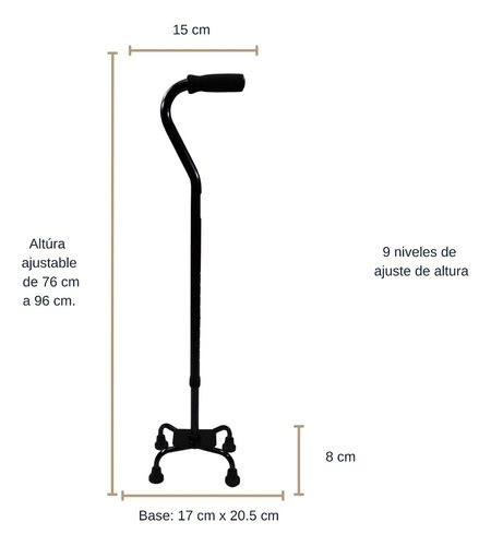 Baston De Cuatro 4 Apoyos Ortopedico Ajustable Ambidiestro Color Negro