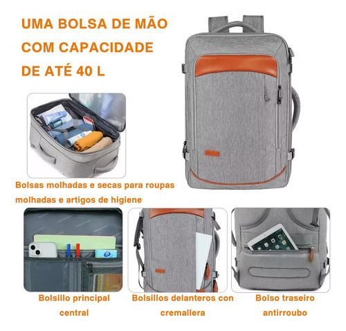 Mochila De Viagem, 40l Mochila para Avião Expansível Para Masculina E Feminina, Antifurto E Impermeável, Mochila de Mão Reforcada Pessoal Aprovada Para Avião 10kg, Yorepek 1215 Cor Cinza