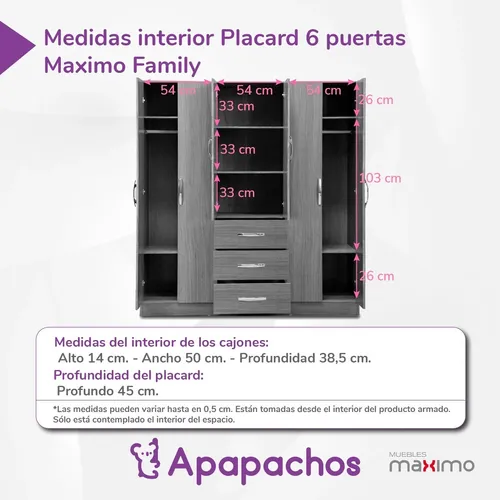 Placard Máximo Family 6 Puertas 3 Cajones 169 Cm
