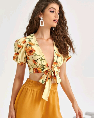 Crop Top Blusa Floreado Amarillo Amarre Frontal