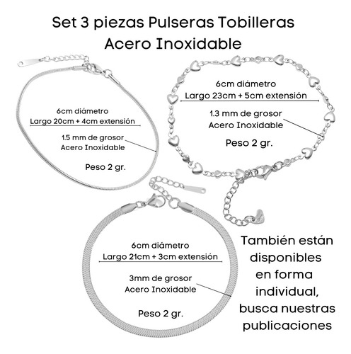 Imagen 2 de 10 de Set 3 Pulseras Tobilleras Mujer Corazón Vibora Acero Plata