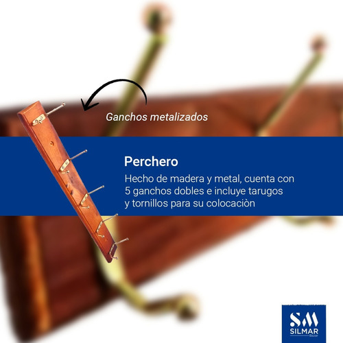 Imagen 2 de 9 de Perchero Pared Madera Metal X5 Ganchos Silmar