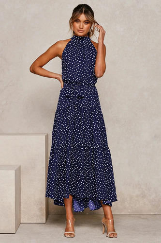 Maxivestido Dama Con Volado Y Cuello Halter Lunares