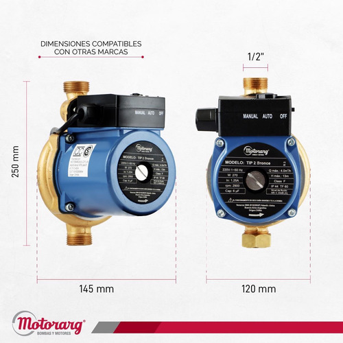 Imagen 8 de 12 de Bomba Presurizadora Motorarg Tip 2 Bronce 3 Baños 270 Watts