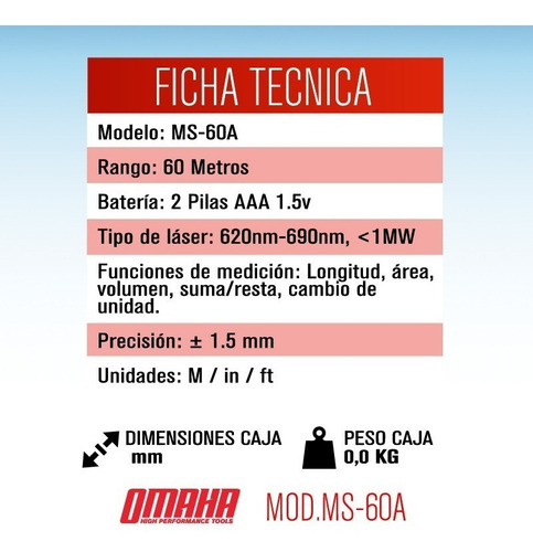 Medidor De Distancia Laser 60 Metros Omaha Ms-60a