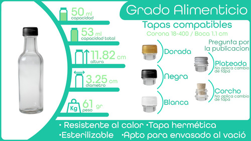 Mini Botella Vidrio 50ml (36 Piezas) Tapa Aluminio Bebidas