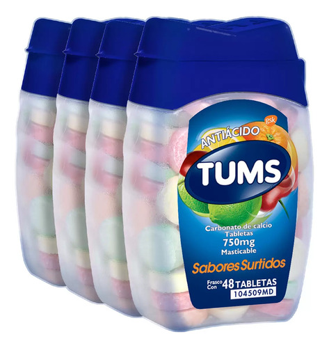 Tums 750 Mg Tabletas Masticables Pack 4 Piezas 48 Tabs C/u