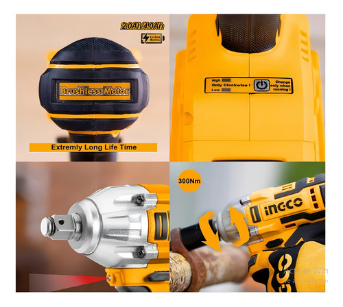 Llave De Impacto 20v 1/2 Brushless Ingco Cirli2001-4 3 Tubos